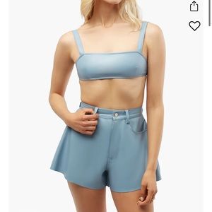 Weworewhat vegan leather flare bell short and bra top Set in Blue (storm) color
